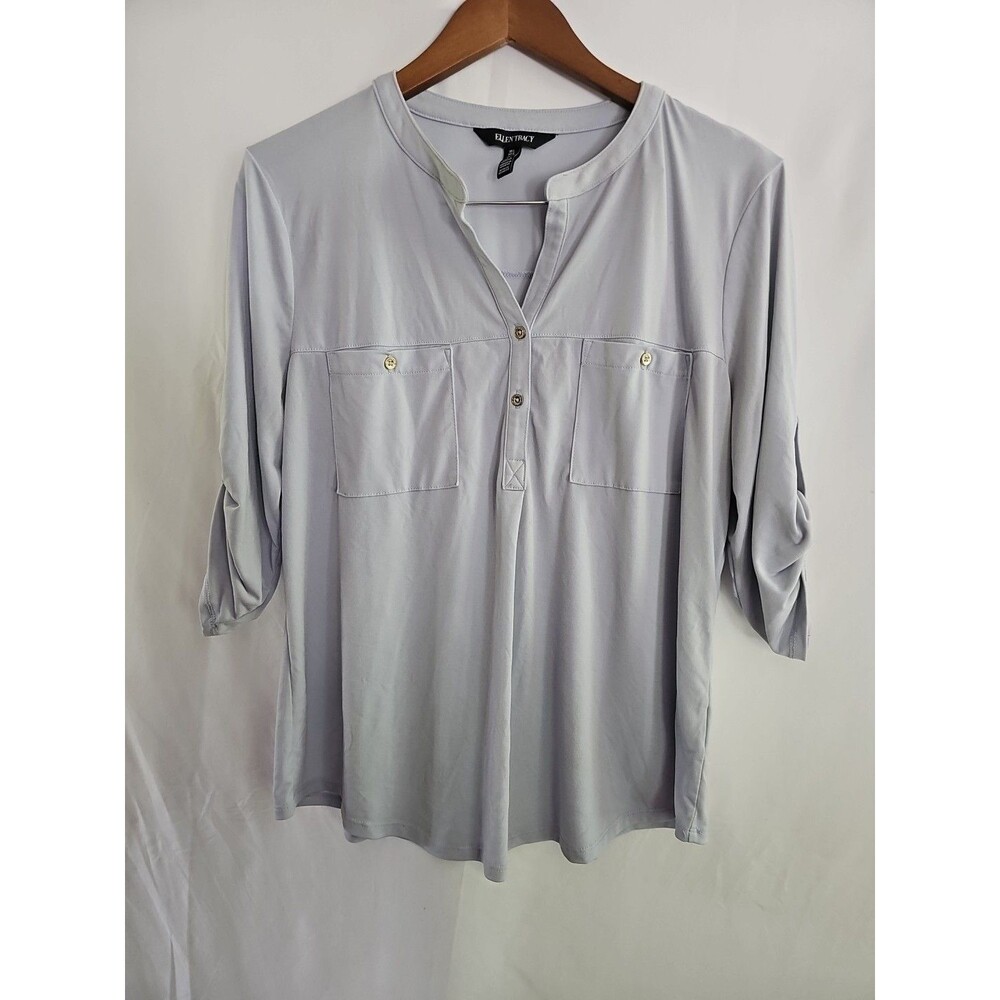 Ellen Tracy Tops Women's Blue Roll Sleeve Casual Blouse Size Large